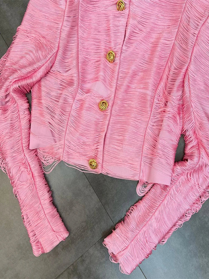 Jaqueta Curta de Luxo com Textura de Franjas Lineares e Botões Dourados