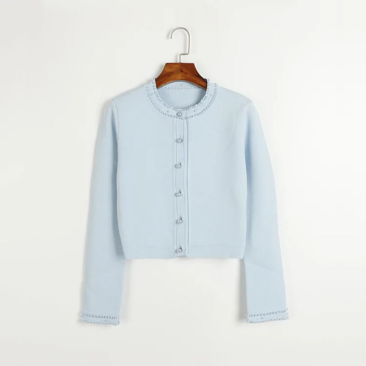 Cardigan em Tricô com Aplicações de Pérolas – Azul Serenity
