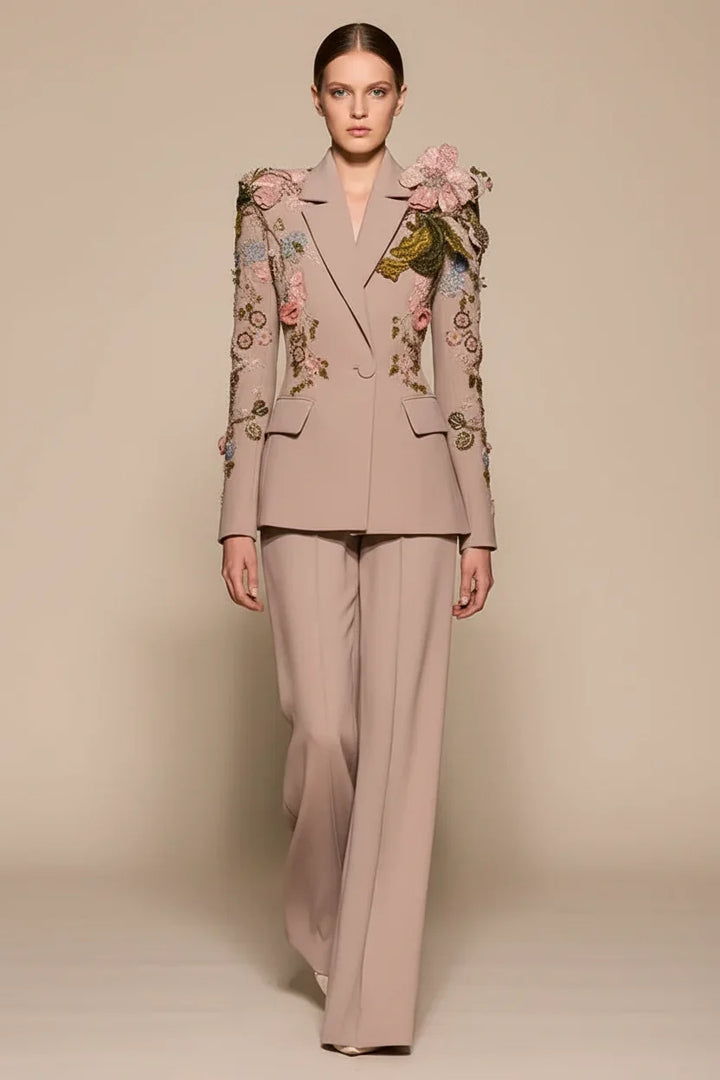 Conjunto Blazer Decorado em Bordado 3D e Calça Ampla Elegante