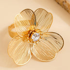 Anel Elegante de Folha de Ginkgo e Flor - Anel Retro Dourado para Dedos