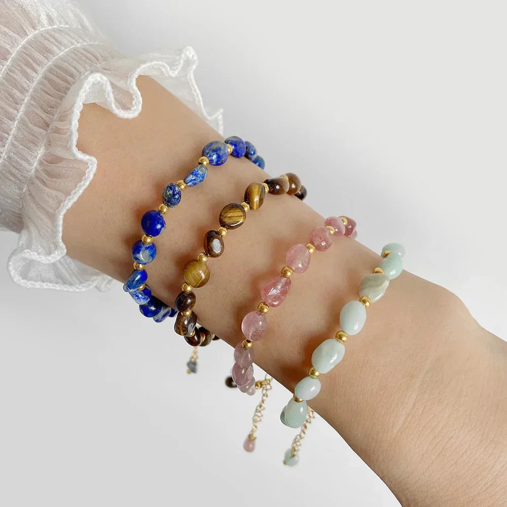 Pulseiras Pedras Naturais – Quartzo Rosa e Ágata com Corrente Dourada