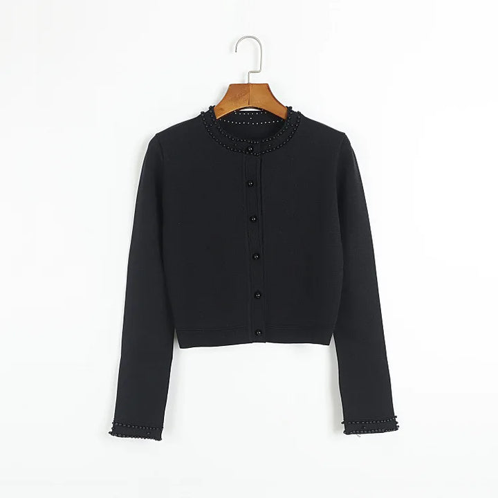 Cardigan em Tricô com Aplicações de Pérolas – Azul Serenity