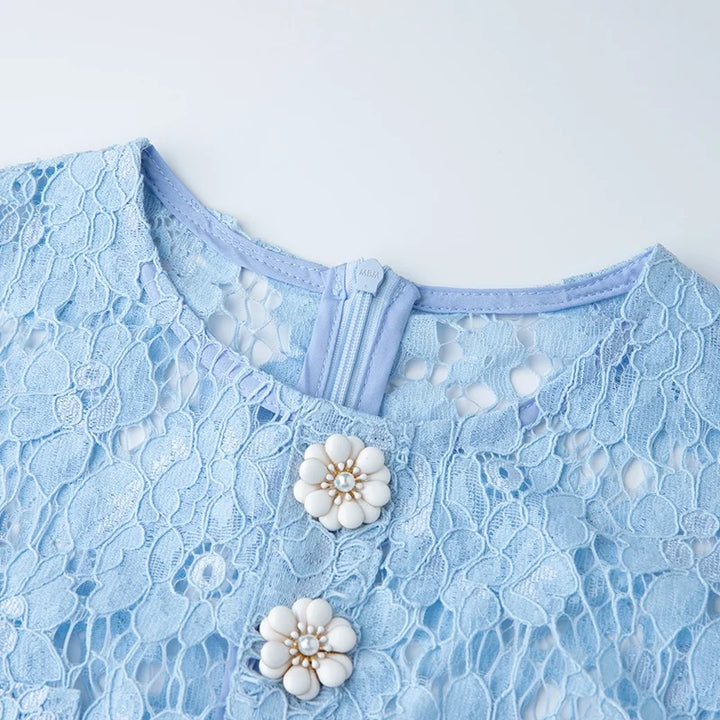 Vestido Curto  – Bordado Floral, Botões, Renda, Decote O e Sem Mangas