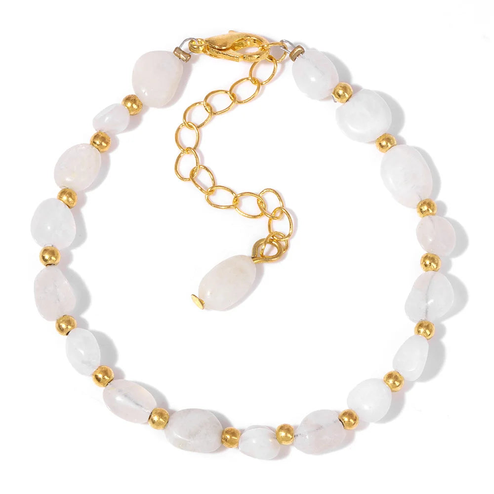 Pulseiras Pedras Naturais (Quartzo Rosa, Ágata) com Corrente Dourada, Estilo Bangle