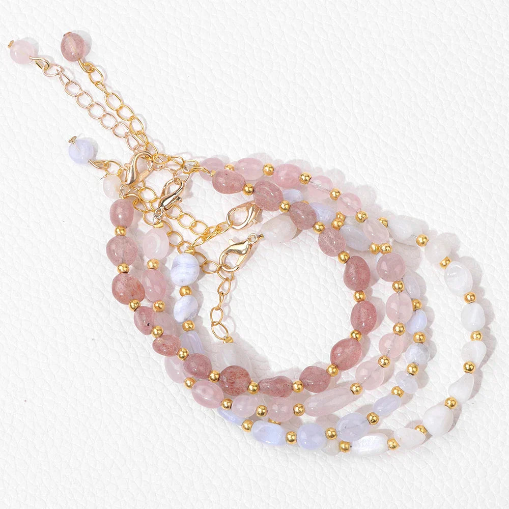 Pulseiras Pedras Naturais – Quartzo Rosa e Ágata com Corrente Dourada