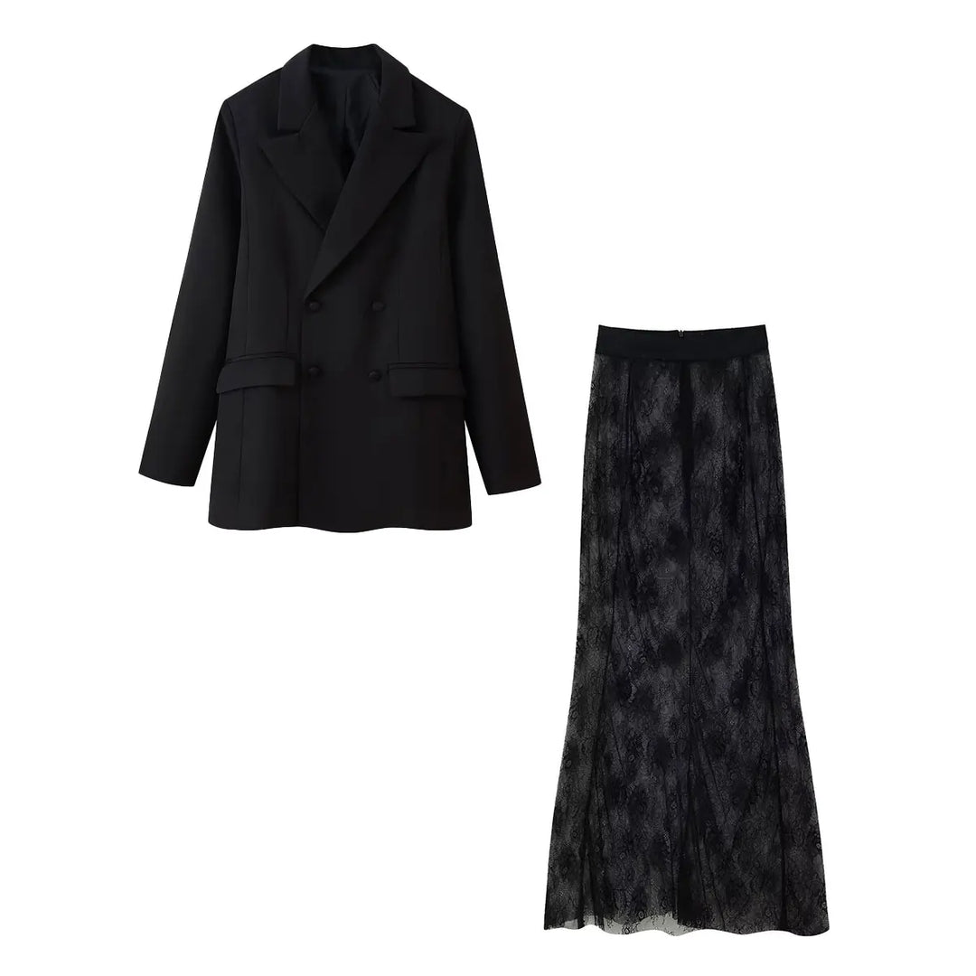 Conjunto Blazer Transpassado e Saia Evasê em Renda Trabalhada
