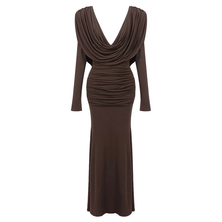 Vestido Longo Marrom com Gola Drapeada e Manga Longa