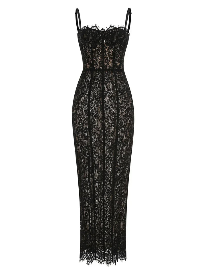 Vestido Longo Escultural com Decote Quadrado e Renda Nobre