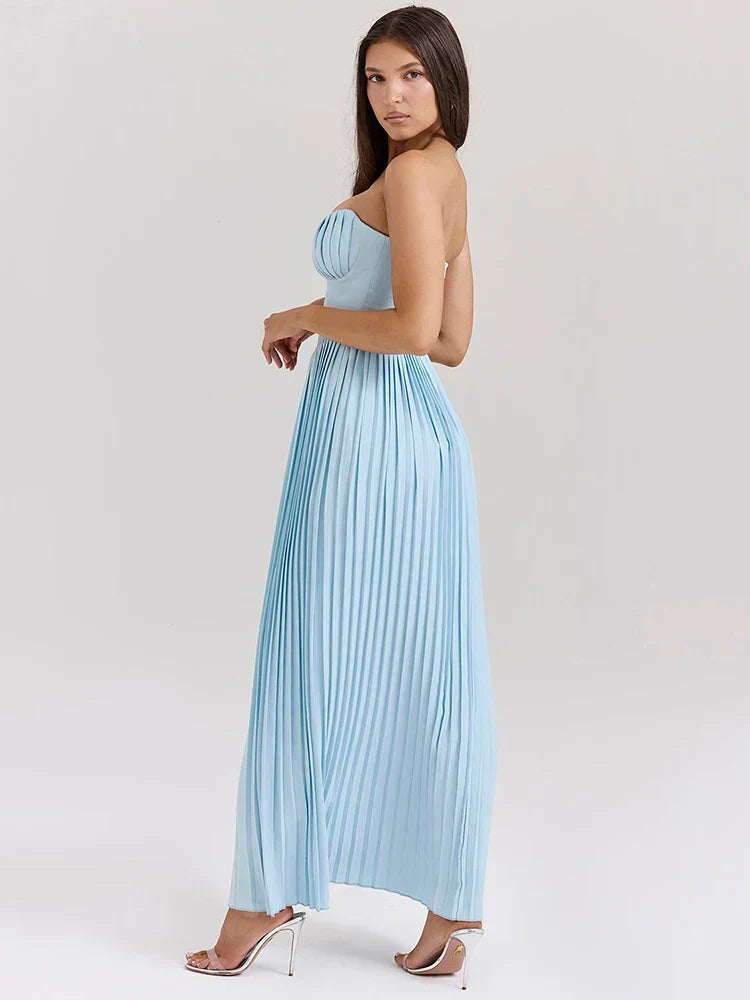 Vestido Longo Design de Espartilho, Saia Plissada e Luxo Moderno