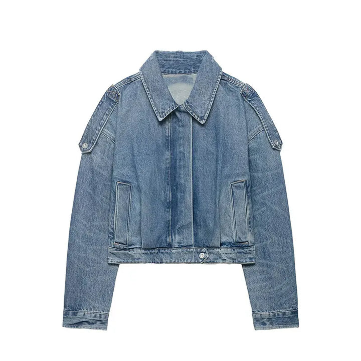 Jaqueta Curta Escultural em Denim com Silhueta Ampla e Fechamento em Zíper