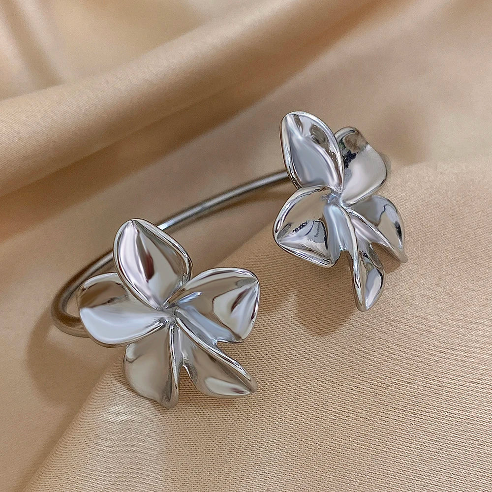 Bracelete de Aço Inoxidável  Dupla Flor  - Bracelete Floral Metal Dourado, à Prova D'Água, Joia para Festa