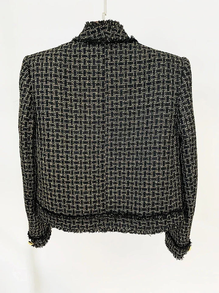 Blazer em Tweed Xadrez com Fios Dourados e Botões Ornamentais