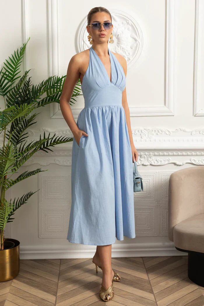 Vestido Longo em Algodão – Decote V, Alças Finas e Cintura Marcada – Estilo Oversized