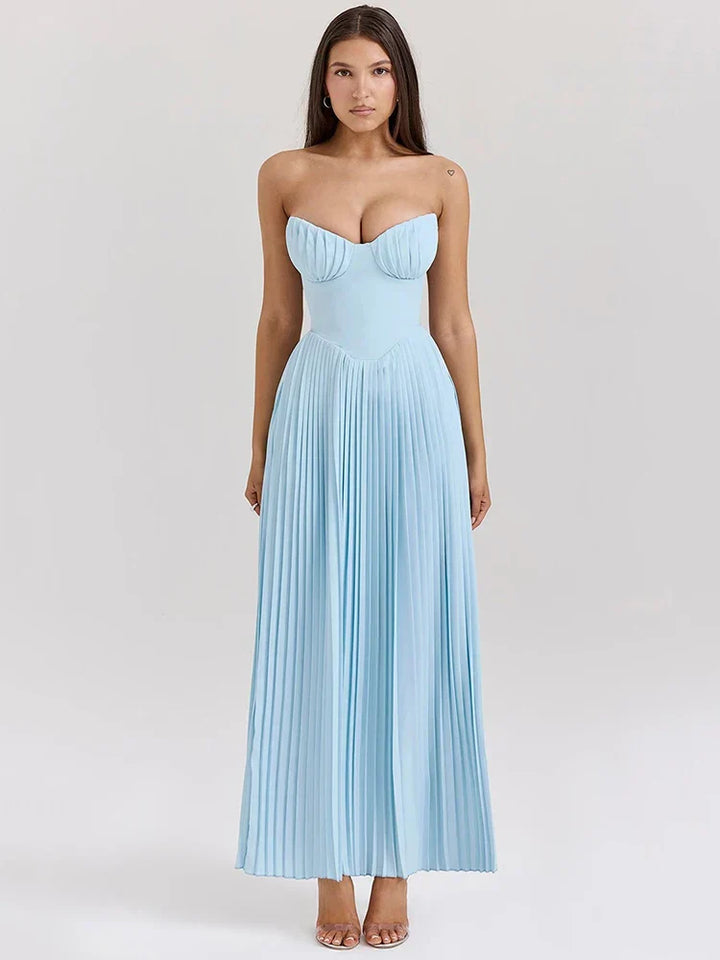 Vestido Longo Carlotta – Espartilho, Saia Plissada e Luxo Moderno