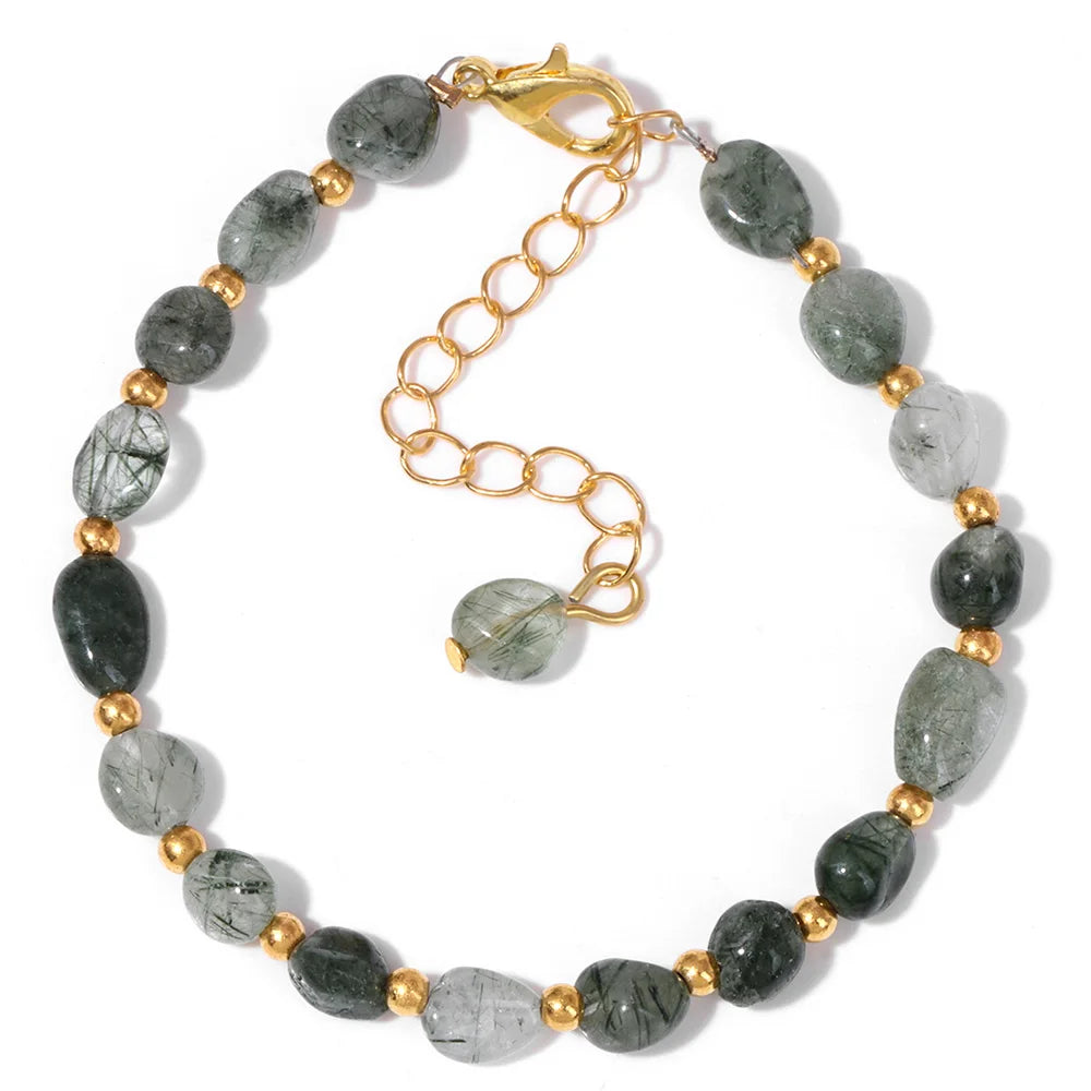 Pulseiras Pedras Naturais (Quartzo Rosa, Ágata) com Corrente Dourada, Estilo Bangle