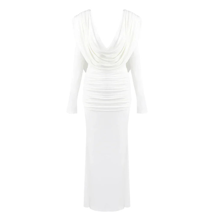 Vestido Longo Marrom com Gola Drapeada e Manga Longa