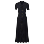Vestido Midi em Tricô Canelado com Gola Boneca e Saia Plissada