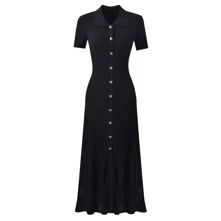 Vestido Midi em Tricô Canelado com Gola Boneca e Saia Plissada