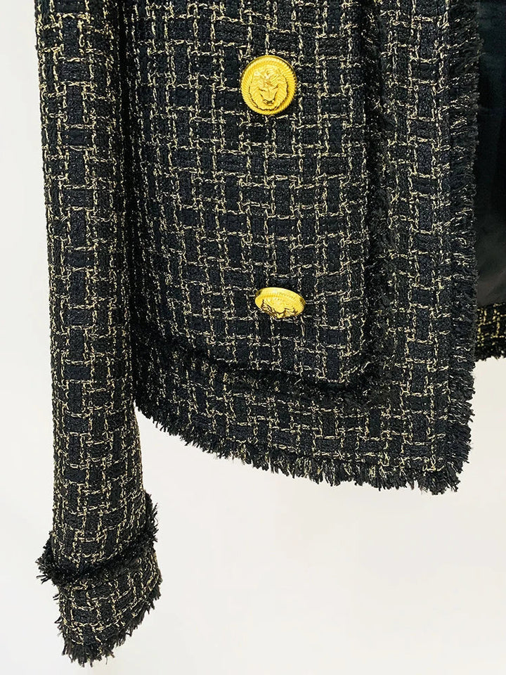Blazer em Tweed Xadrez com Fios Dourados e Botões Ornamentais