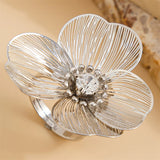 Anel Elegante de Folha de Ginkgo e Flor - Anel Retro Dourado para Dedos