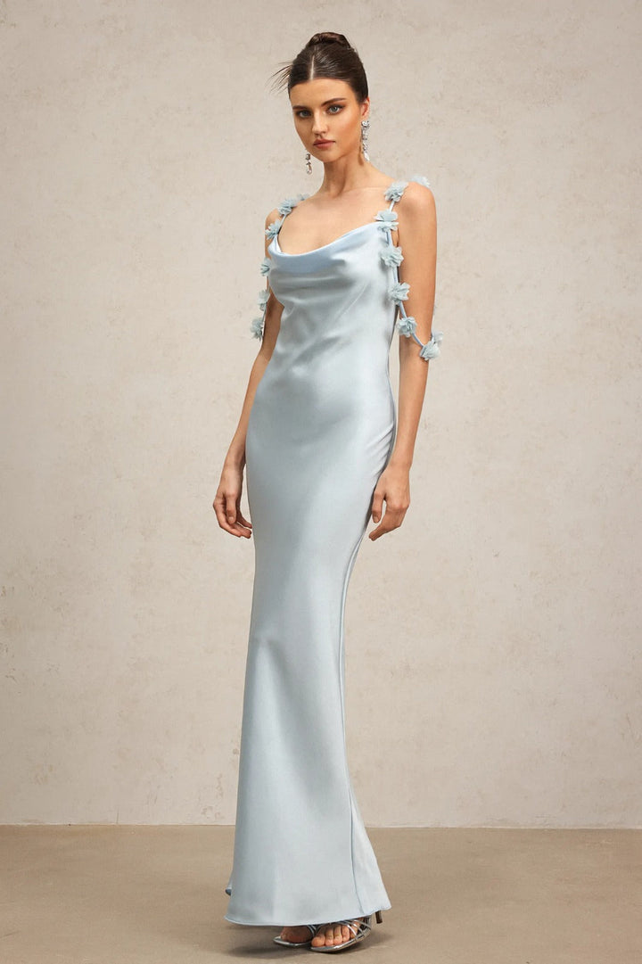 Vestido Longo Azul em Seda com Alças Florais e Cintura Alta Estruturada
