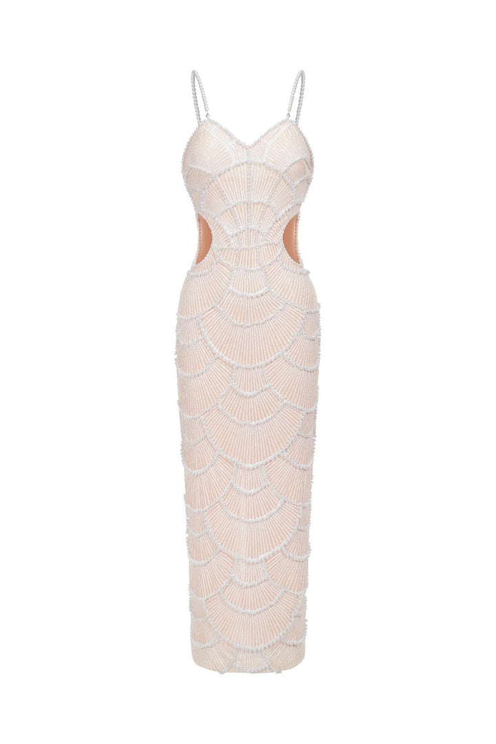 Vestido Halter com Bordado à Mão em Pedrarias e Recortes Sensuais – Elegância Escultural para Ocasiões Especiais