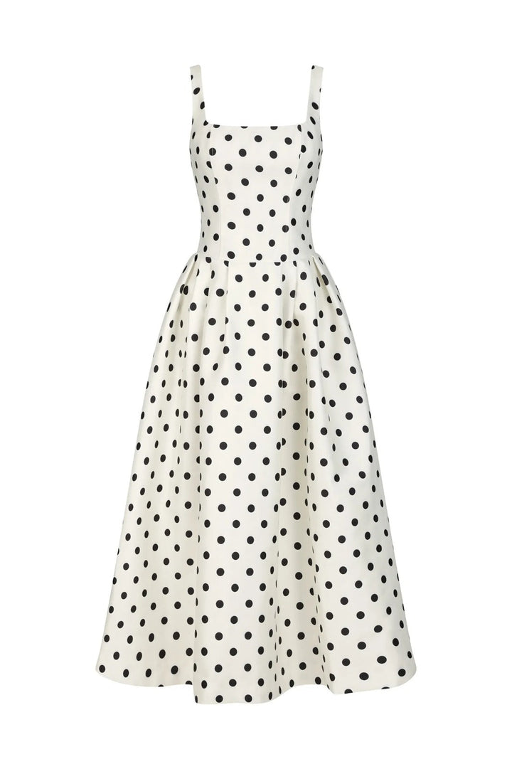 Vestido Longo Plissado com Estampa de Poá, Decote Quadrado e Bolsos Funcionais