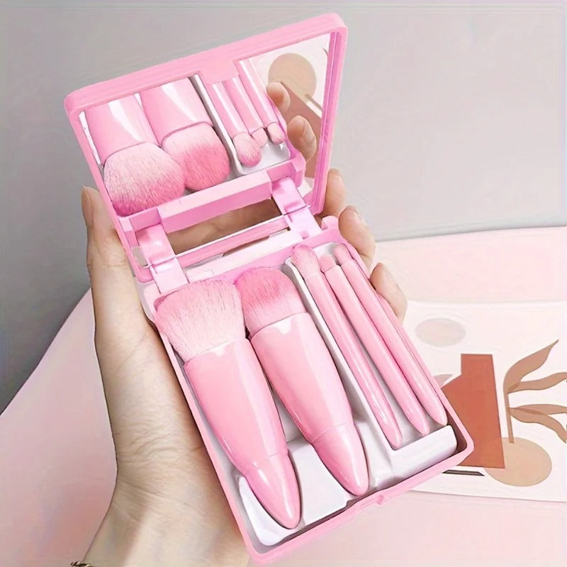 Kit 5 Pincéis de Maquiagem Portátil com Espelho
