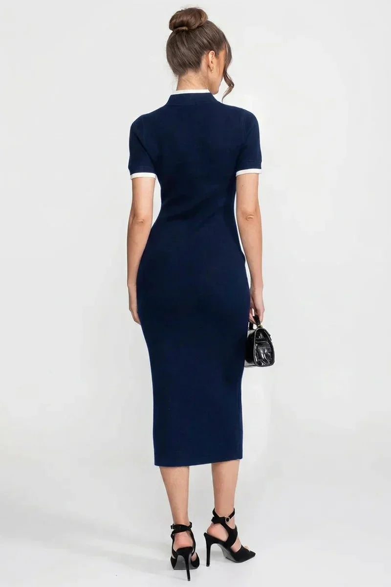 Vestido Midi Bicolor em Tricô com Aplicação de Flor Tridimensional
