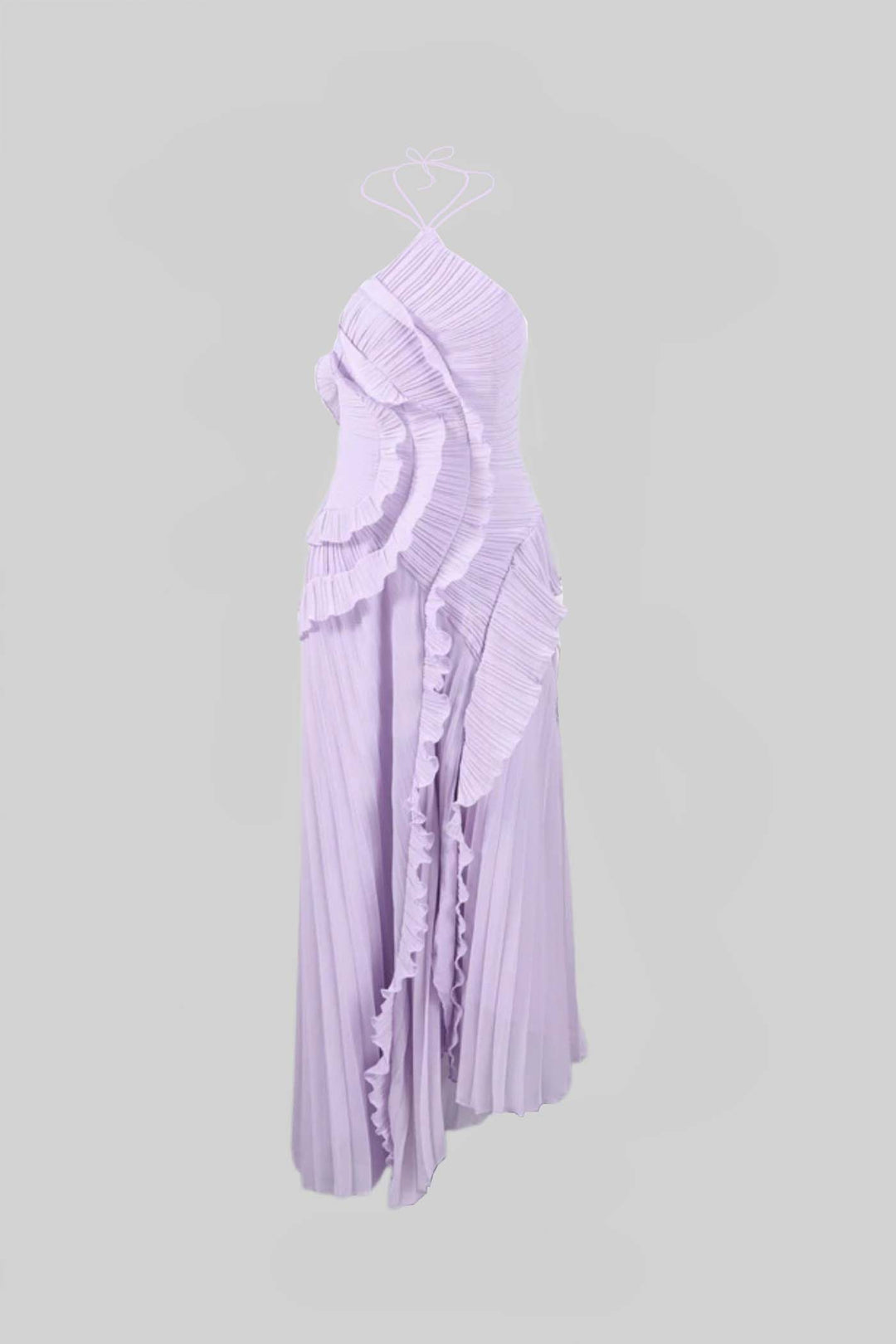 Vestido Midi Plissado Lavanda – Gola Halter, Babados em Cascata e Elegância Pura