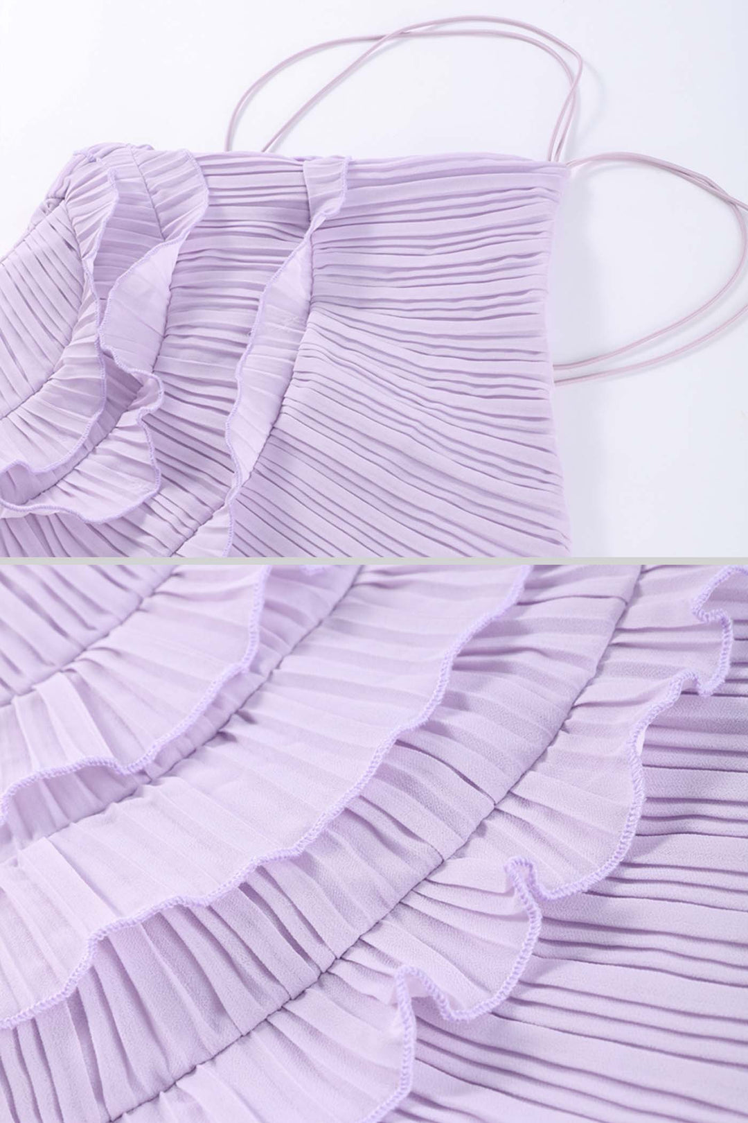 Vestido Midi Plissado Lavanda – Gola Halter, Babados em Cascata e Elegância Pura