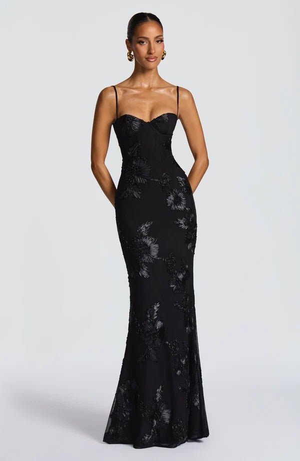 Justine — Vestido Longo Corset com Aplicação Floral e Bojo