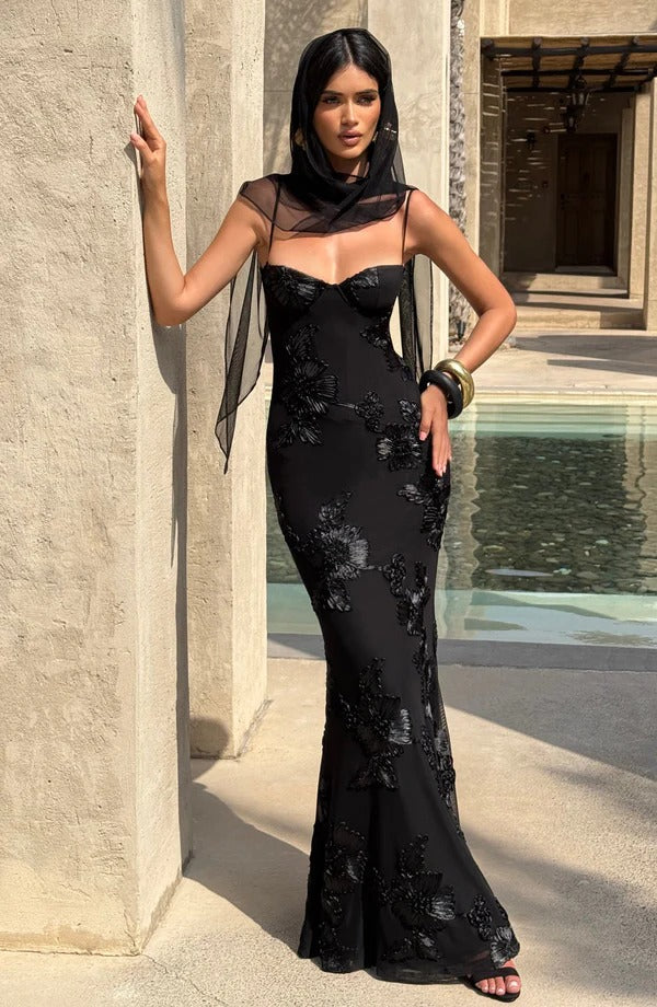 Justine — Vestido Longo Corset com Aplicação Floral e Bojo