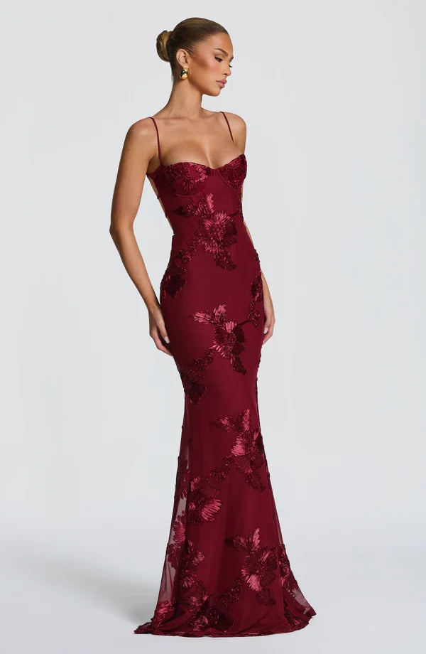 Justine — Vestido Longo Corset com Aplicação Floral e Bojo