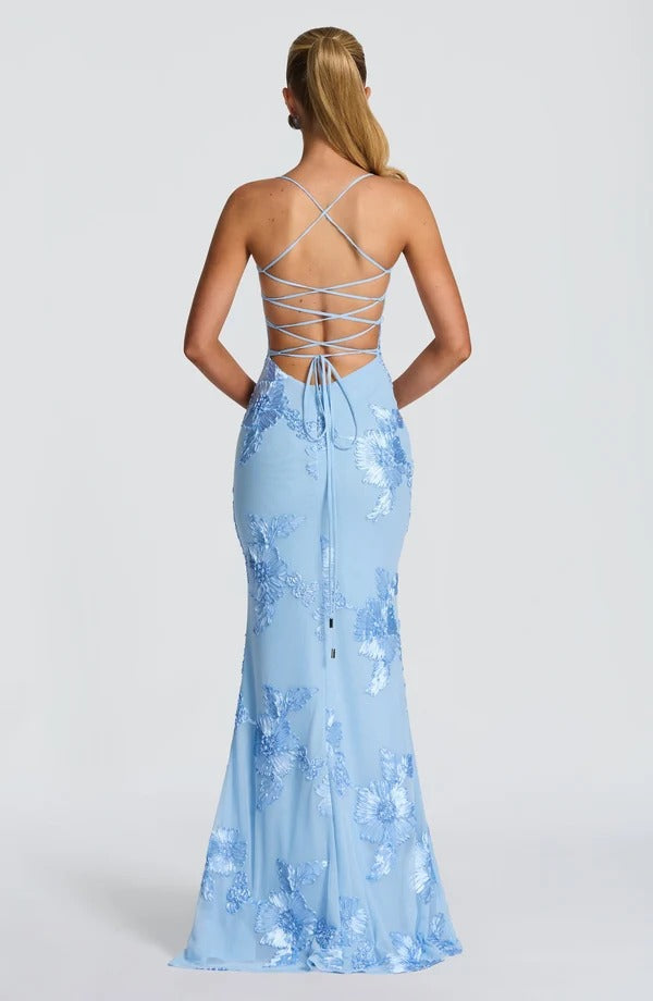Justine — Vestido Longo Corset com Aplicação Floral e Bojo