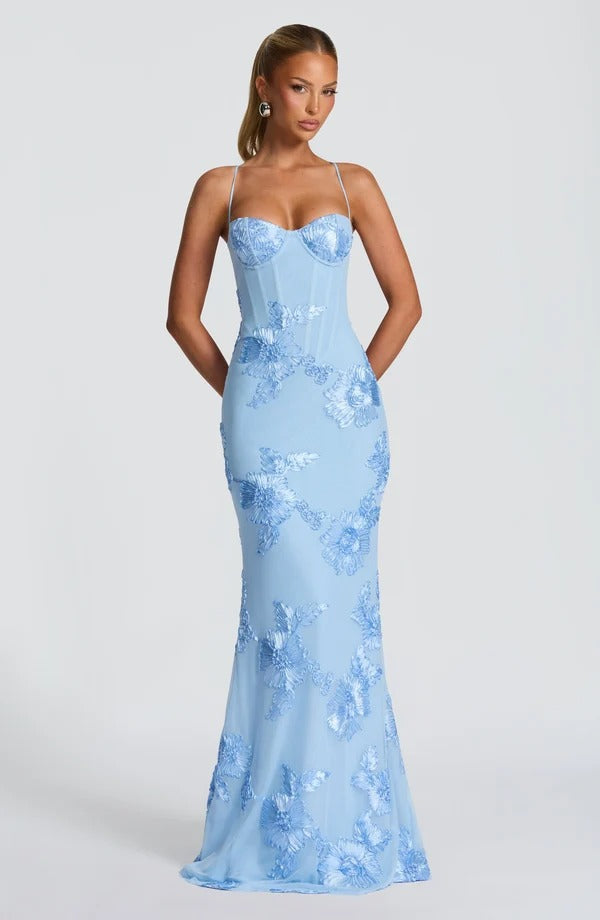 Justine — Vestido Longo Corset com Aplicação Floral e Bojo