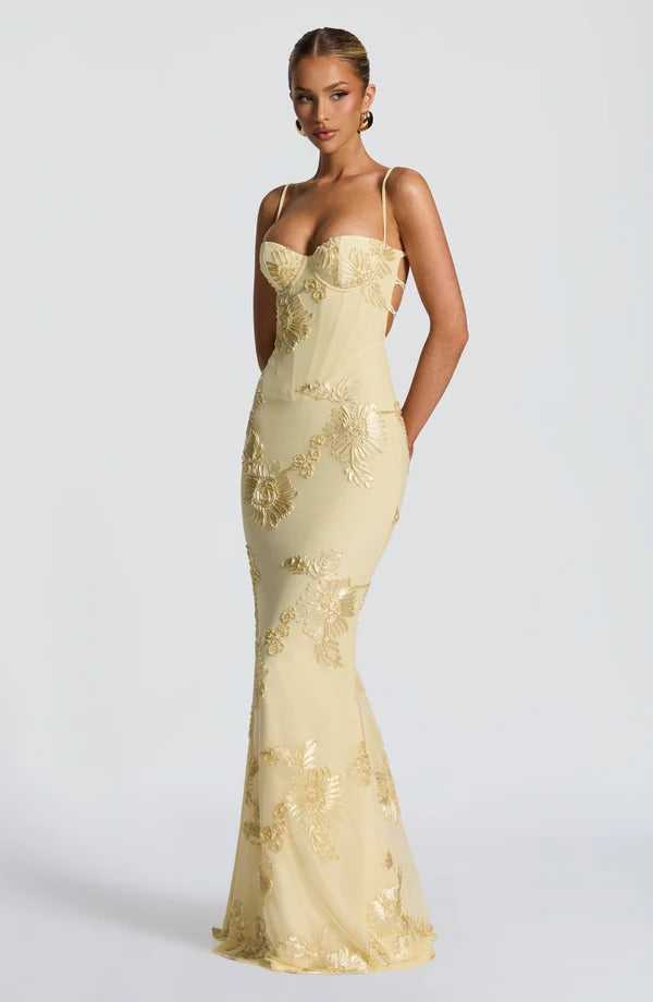 Justine — Vestido Longo Corset com Aplicação Floral e Bojo