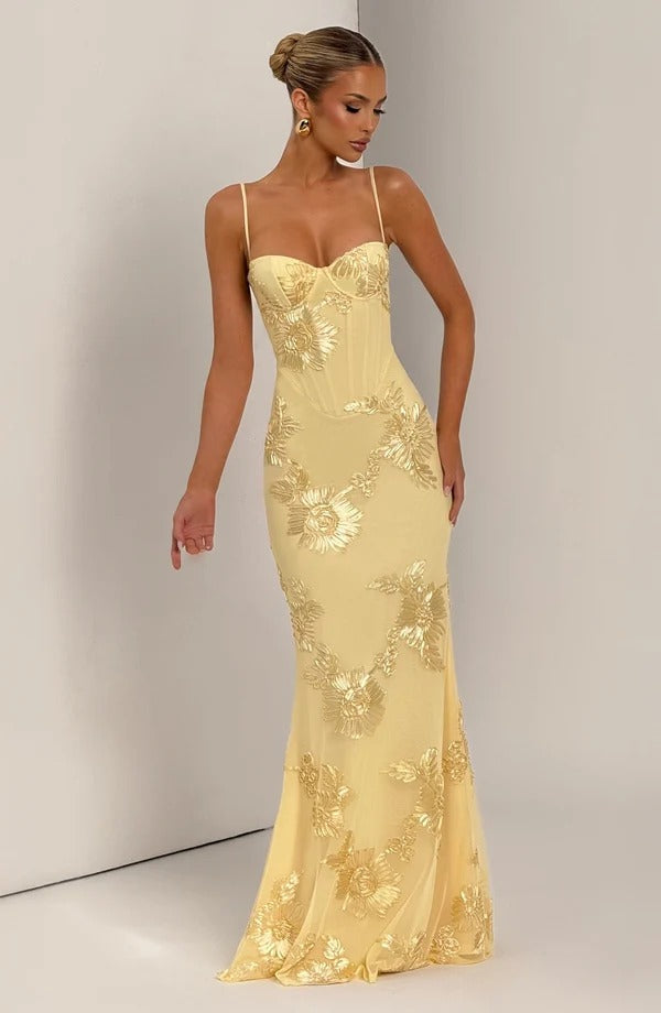 Justine — Vestido Longo Corset com Aplicação Floral e Bojo
