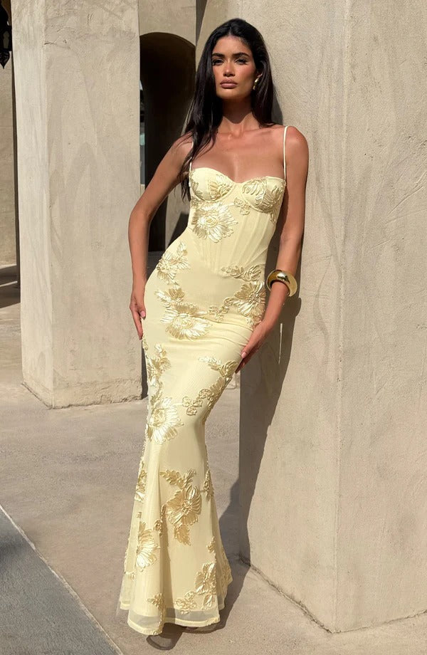 Justine — Vestido Longo Corset com Aplicação Floral e Bojo