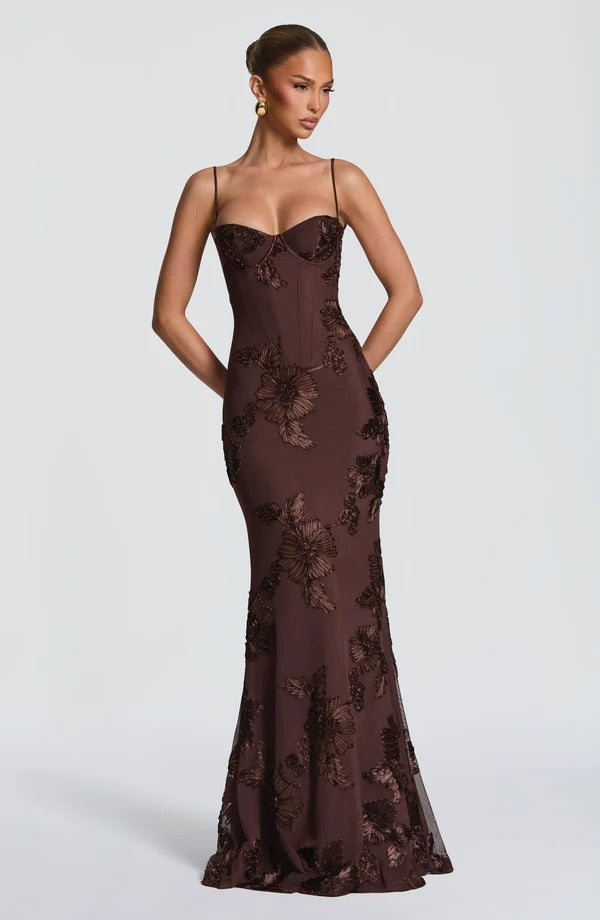 Justine — Vestido Longo Corset com Aplicação Floral e Bojo