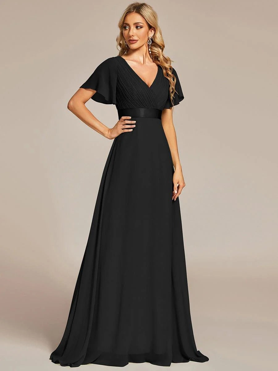 Vestido de Cintura Império Longo com Mangas Curtas Voadoras