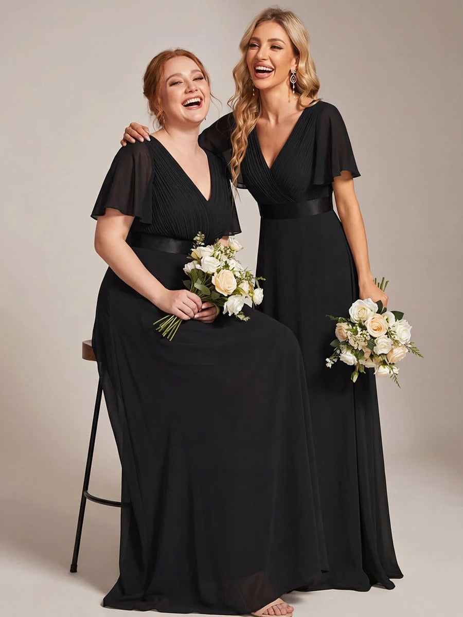 Vestido de Cintura Império Longo com Mangas Curtas Voadoras