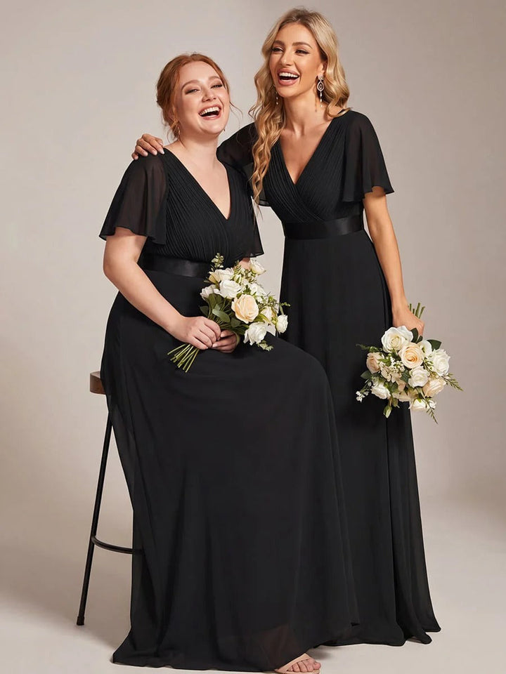 Vestido de Cintura Império Longo com Mangas Curtas Voadoras