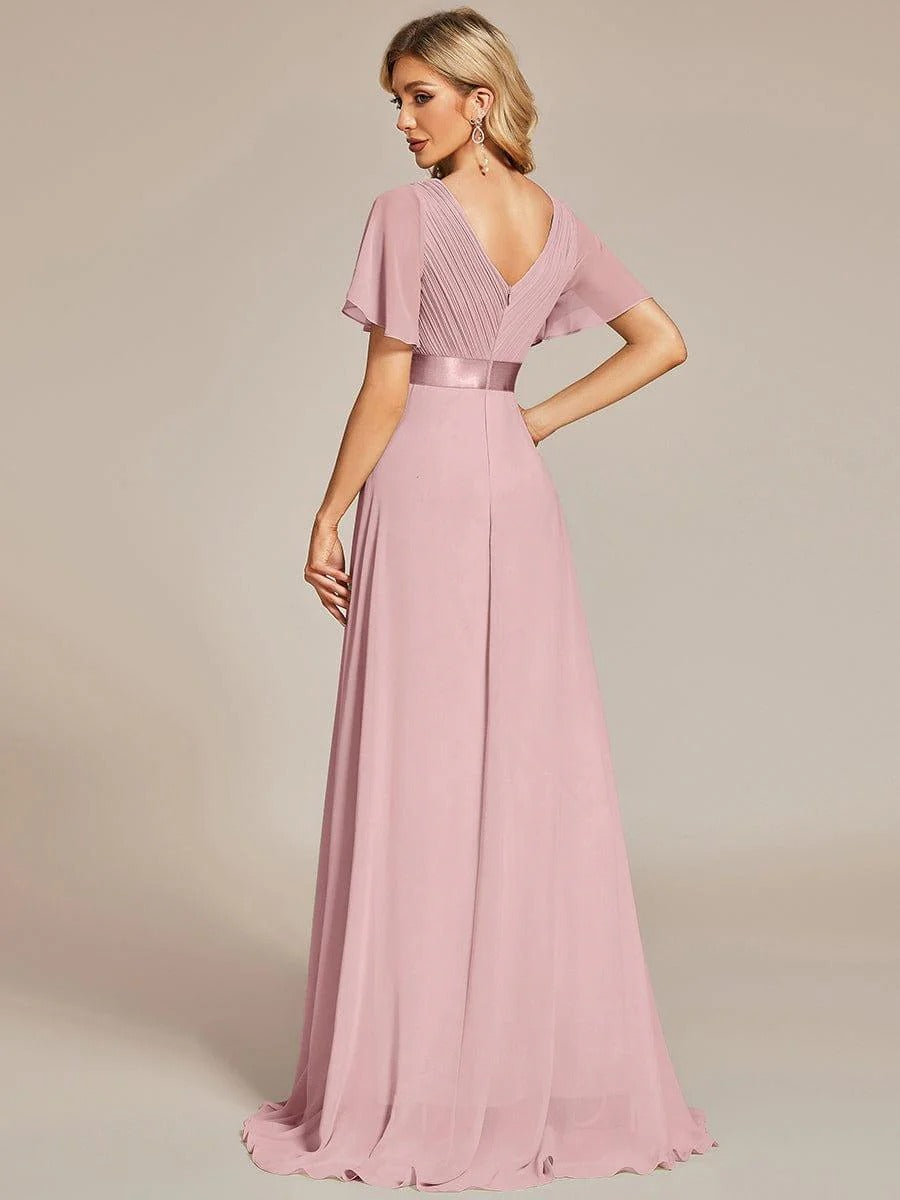 Vestido de Cintura Império Longo com Mangas Curtas Voadoras
