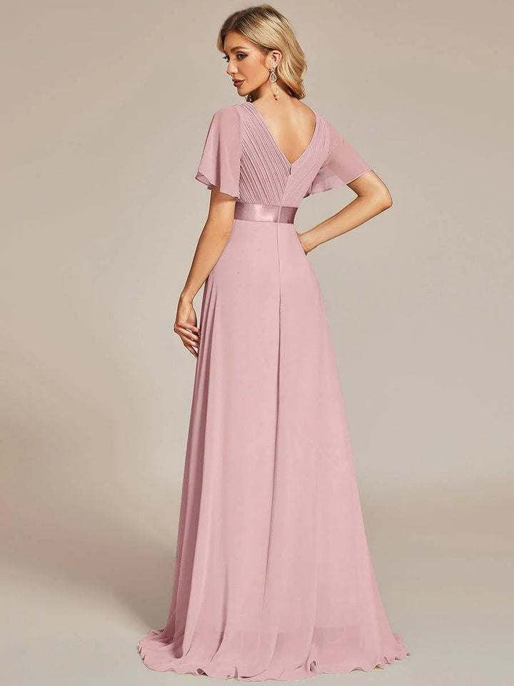 Vestido de Cintura Império Longo com Mangas Curtas Voadoras