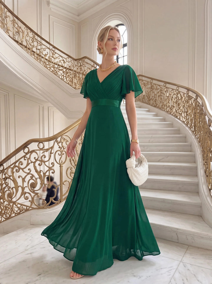 Vestido de Cintura Império Longo com Mangas Curtas Voadoras