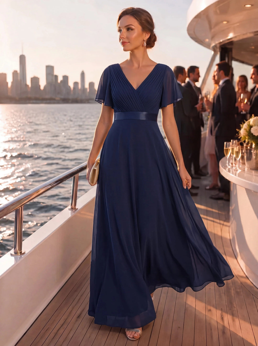 Vestido de Cintura Império Longo com Mangas Curtas Voadoras