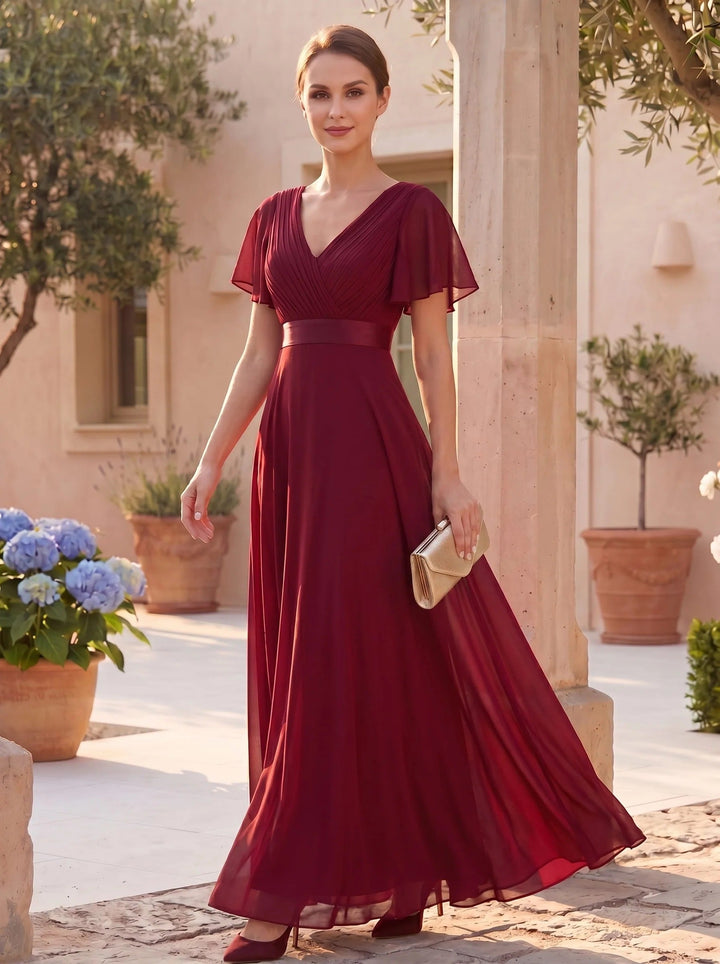 Vestido de Cintura Império Longo com Mangas Curtas Voadoras