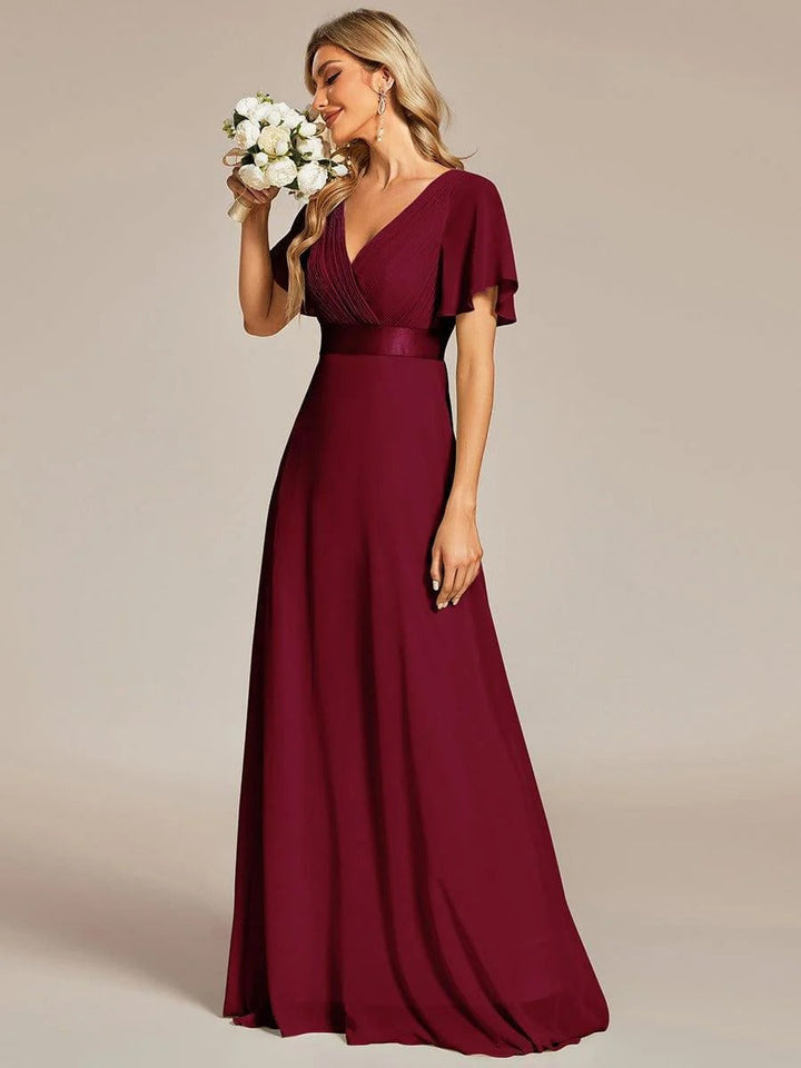 Vestido de Cintura Império Longo com Mangas Curtas Voadoras