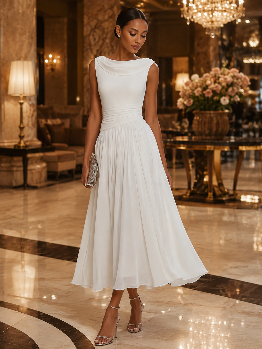 Vestido Midi Plissado com Gola Drapeada e Sem Mangas